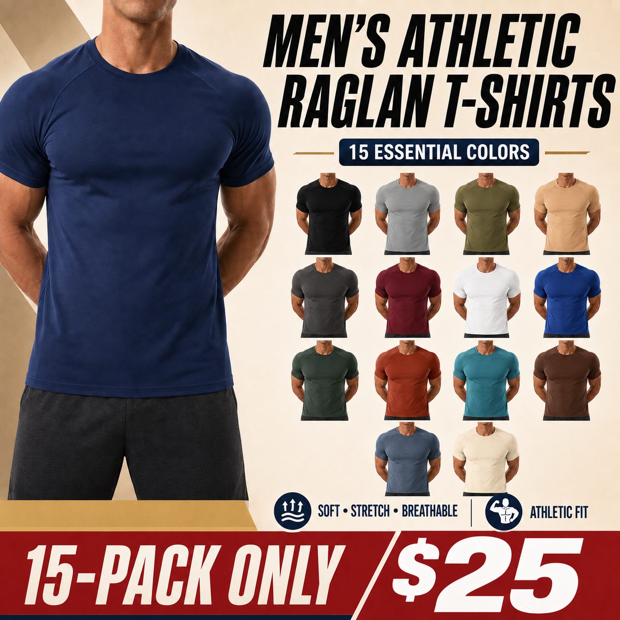 🔥Men's Raglan Sleeve Tee, Athletic Tapered Fit🔥20-Pack Today Only $29.99